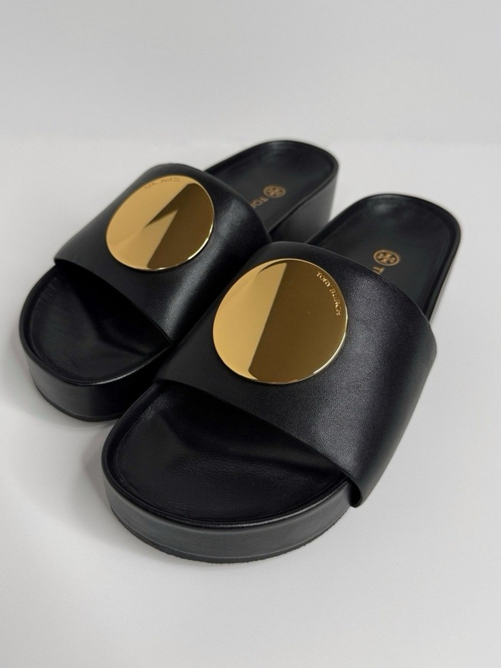 Tory Burch Patos Platform Slides Black Leather Gold Disc Size 9